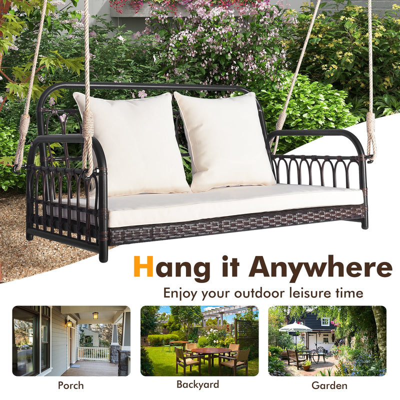 880LBS Wicker Hanging Porch Swing with Cushions-White