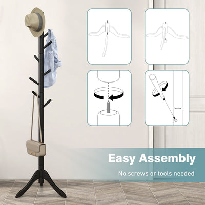 Adjustable Wooden Tree Coat Rack with 8 Hooks-Black