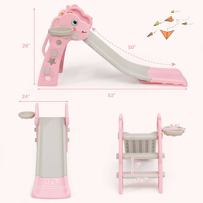 3-in-1 Kids Slide Baby Play Climber Slide Set with Basketball Hoop-Pink