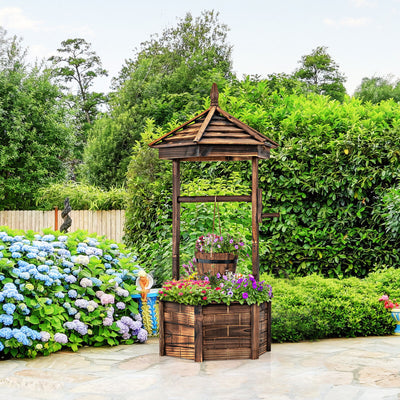 Rustic Wooden Wishing Well with Adjustable Hanging Bucket-Brown