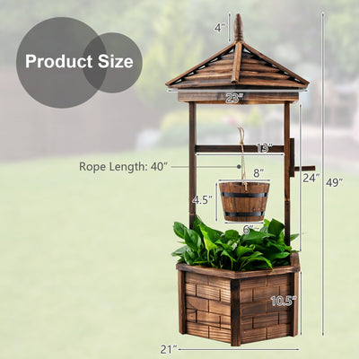 Rustic Wooden Wishing Well with Adjustable Hanging Bucket-Brown