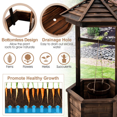 Rustic Wooden Wishing Well with Adjustable Hanging Bucket-Brown