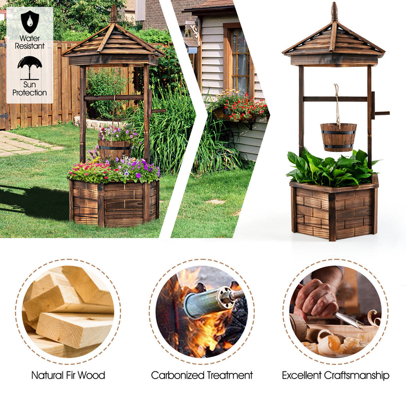 Rustic Wooden Wishing Well with Adjustable Hanging Bucket-Brown