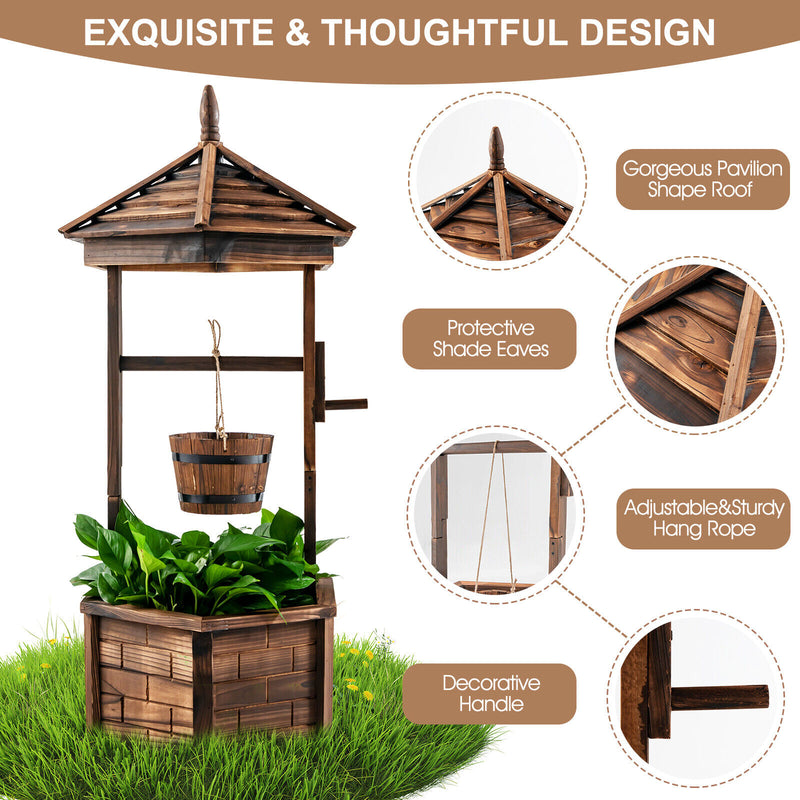 Rustic Wooden Wishing Well with Adjustable Hanging Bucket-Brown