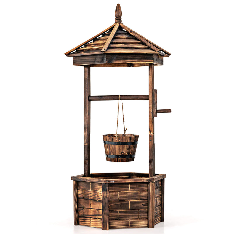 Rustic Wooden Wishing Well with Adjustable Hanging Bucket-Brown