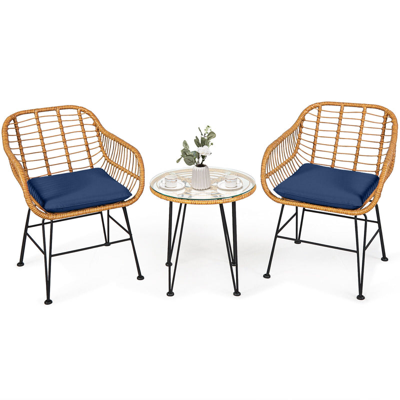 3 Pieces Rattan Furniture Set with Cushioned Chair Table-Navy