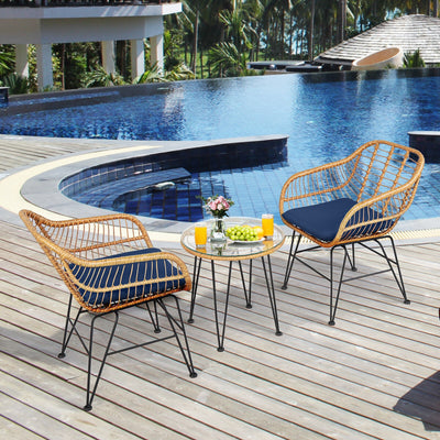 3 Pieces Rattan Furniture Set with Cushioned Chair Table-Navy