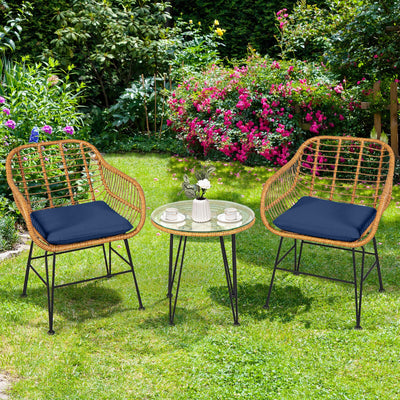 3 Pieces Rattan Furniture Set with Cushioned Chair Table-Navy