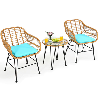 3 Pieces Rattan Furniture Set with Cushioned Chair Table-Turquoise