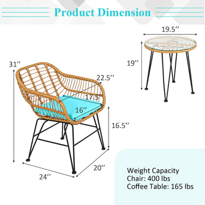 3 Pieces Rattan Furniture Set with Cushioned Chair Table-Turquoise