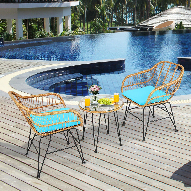 3 Pieces Rattan Furniture Set with Cushioned Chair Table-Turquoise