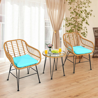 3 Pieces Rattan Furniture Set with Cushioned Chair Table-Turquoise