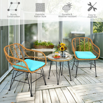 3 Pieces Rattan Furniture Set with Cushioned Chair Table-Turquoise