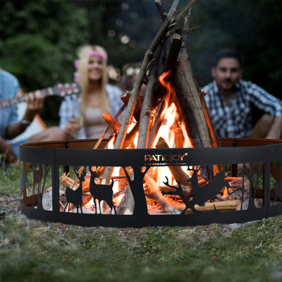 36 Inch Metal Fire Pit Ring Deer with Extra Poker Bonfire Liner for Campfire