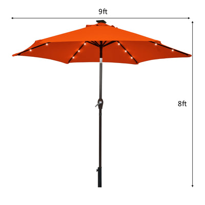 9 Inch Solar LED Lighted Patio Market Umbrella Tilt Adjustment Crank Lift-Orange