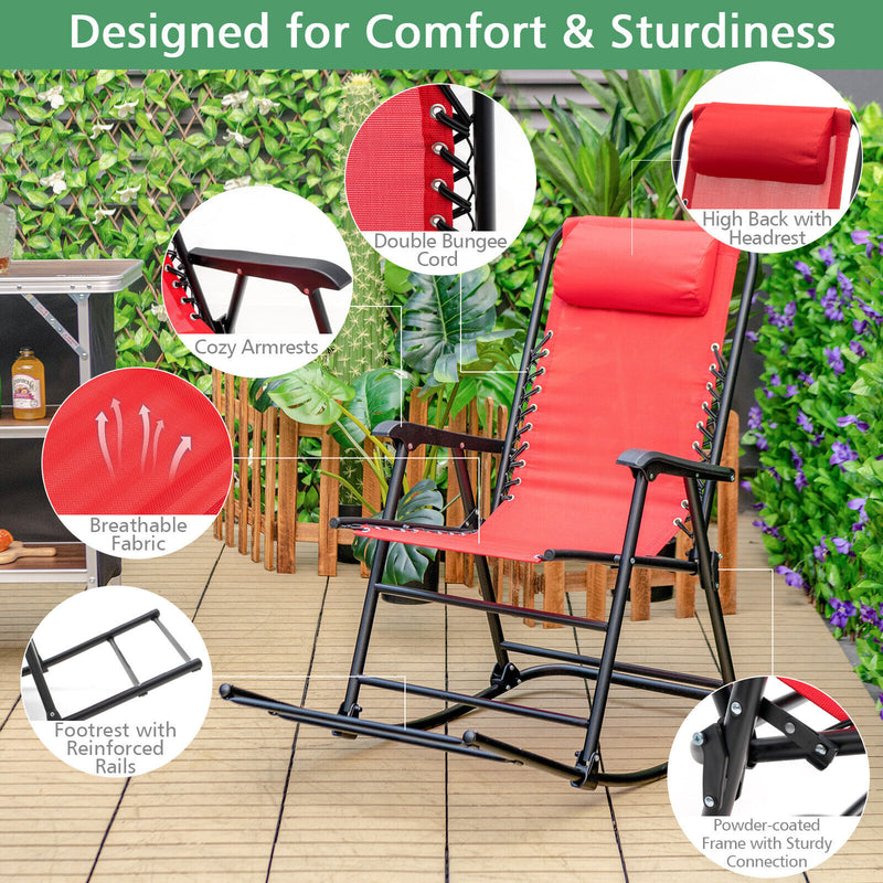 Outdoor Patio Camping Lightweight Folding Rocking Chair with Footrest -Red