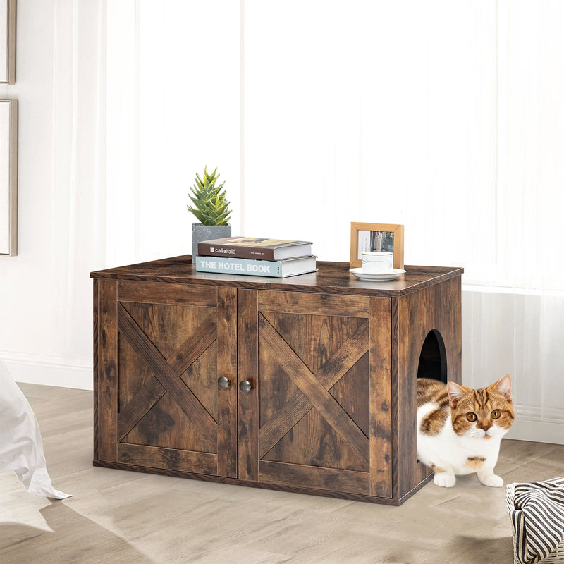 Wooden Hidden Cabinet Cat Furniture with Divider-Coffee