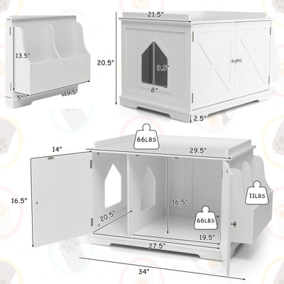 Large Wooden Cat Litter Box Enclosure with the Storage Rack-White