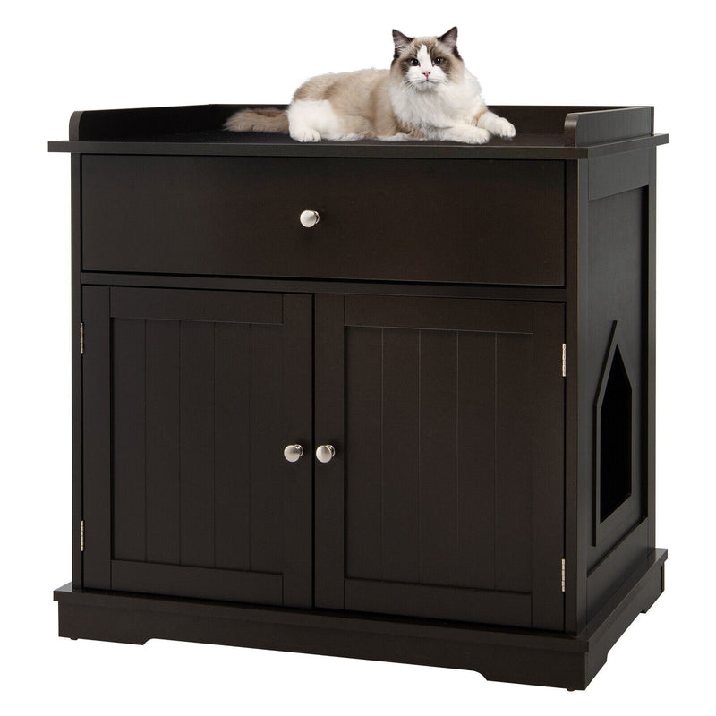 Wooden Cat Litter Box Enclosure with Drawer Side Table Furniture-Brown