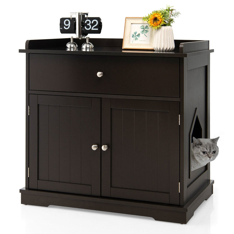 Wooden Cat Litter Box Enclosure with Drawer Side Table Furniture-Brown