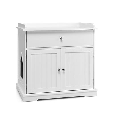 Wooden Cat Litter Box Enclosure with Drawer Side Table Furniture-White