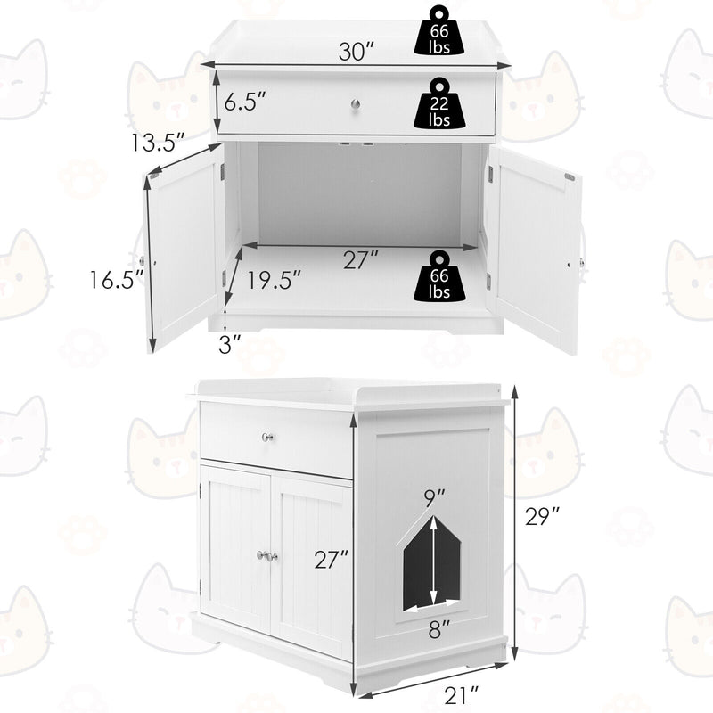 Wooden Cat Litter Box Enclosure with Drawer Side Table Furniture-White