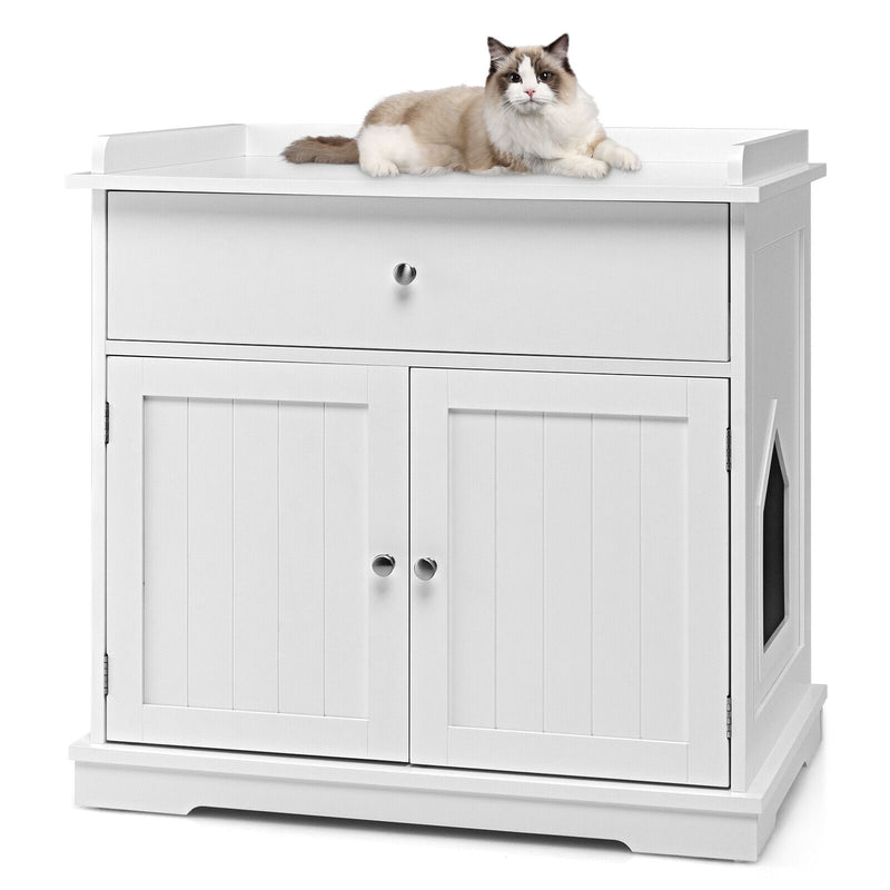 Wooden Cat Litter Box Enclosure with Drawer Side Table Furniture-White