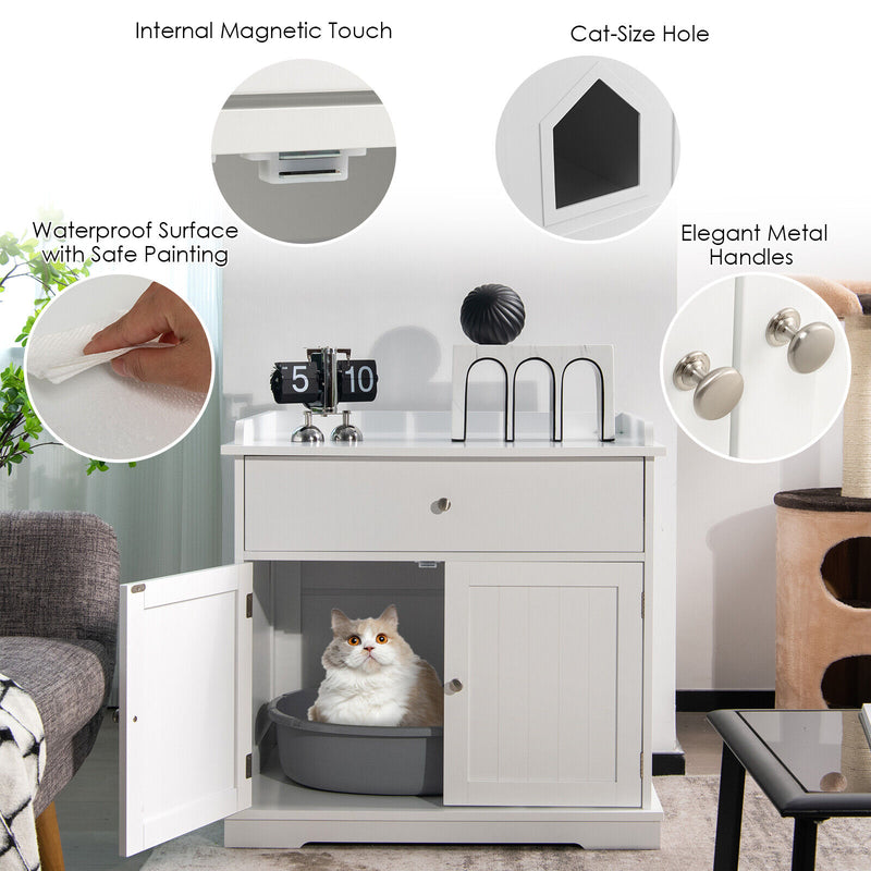 Wooden Cat Litter Box Enclosure with Drawer Side Table Furniture-White