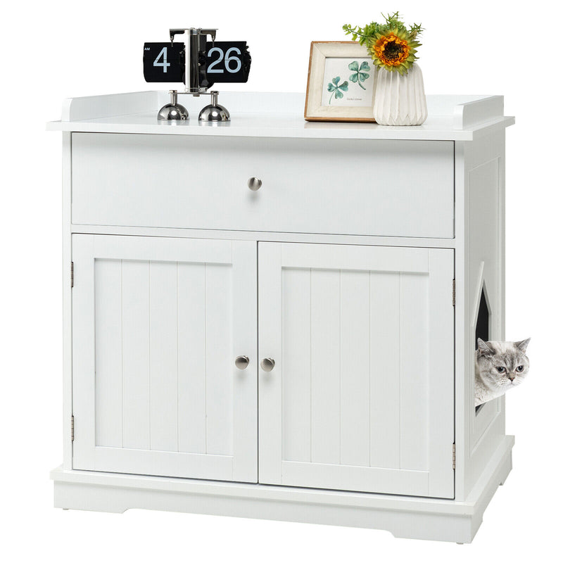 Wooden Cat Litter Box Enclosure with Drawer Side Table Furniture-White