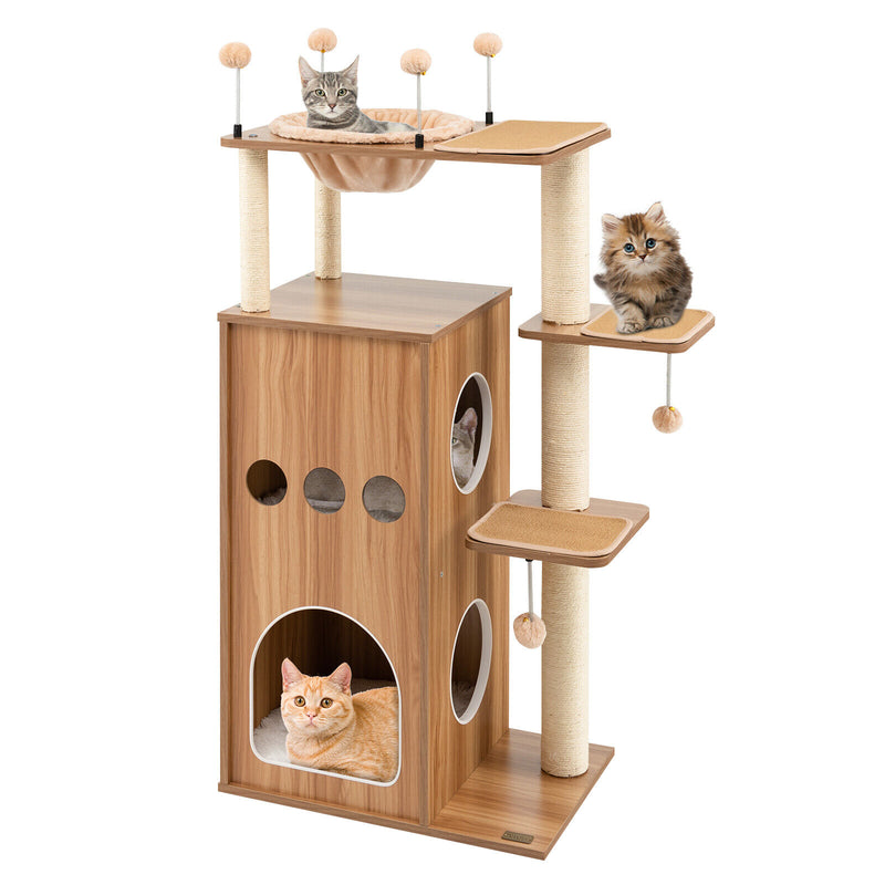 52 Inch Modern Multi-level Cat Play Center with Deluxe Hammock-Natural