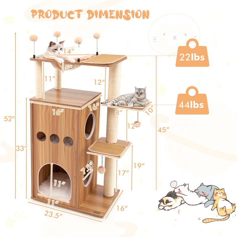 52 Inch Modern Multi-level Cat Play Center with Deluxe Hammock-Natural