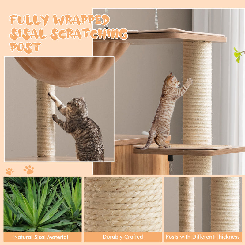 52 Inch Modern Multi-level Cat Play Center with Deluxe Hammock-Natural