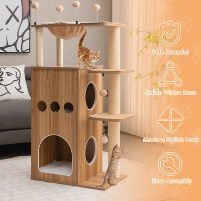 52 Inch Modern Multi-level Cat Play Center with Deluxe Hammock-Natural