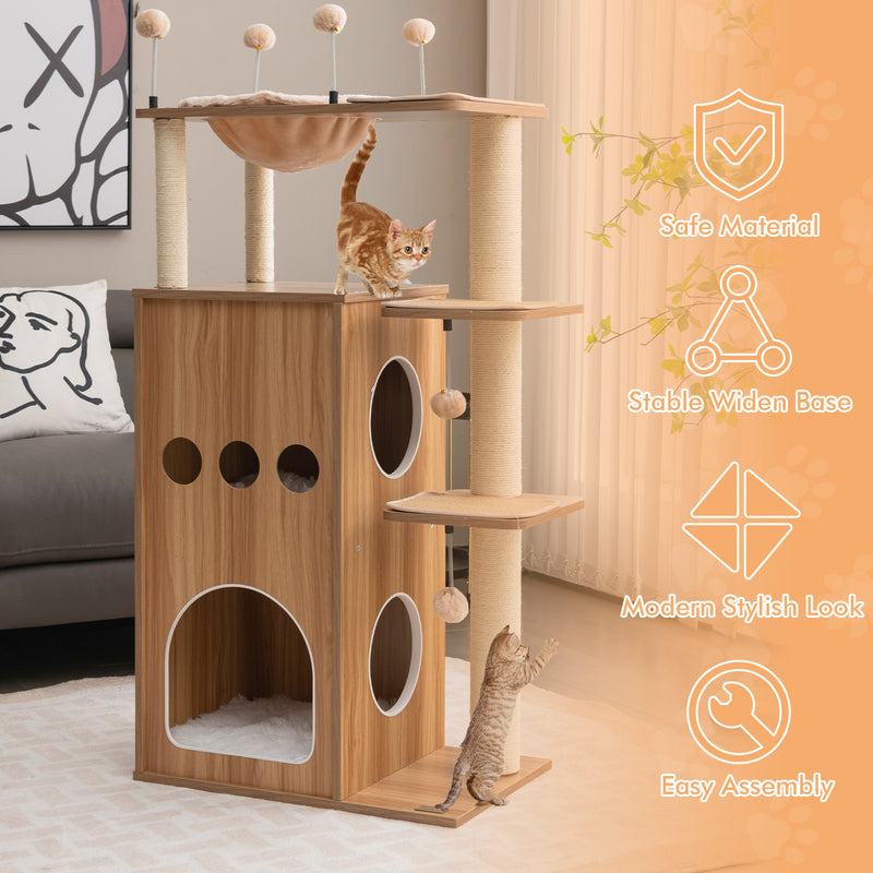 52 Inch Modern Multi-level Cat Play Center with Deluxe Hammock-Natural