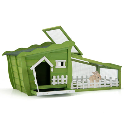 62 Inch Wooden Rabbit Hutch with Pull Out Tray-Green