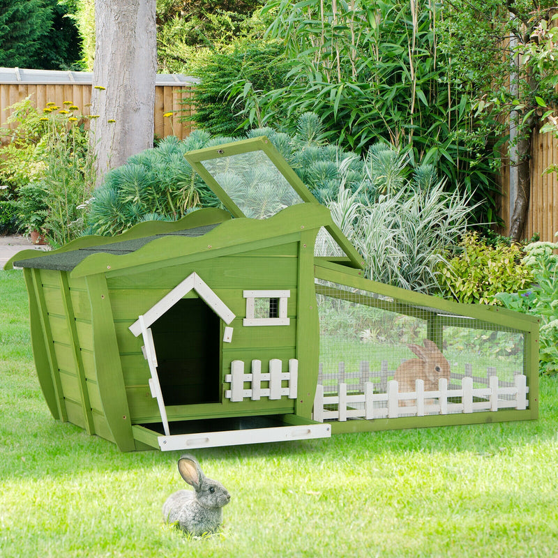 62 Inch Wooden Rabbit Hutch with Pull Out Tray-Green