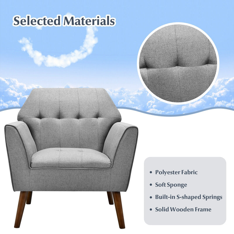 Modern Tufted Fabric Accent Chair with Rubber Wood Legs-Gray