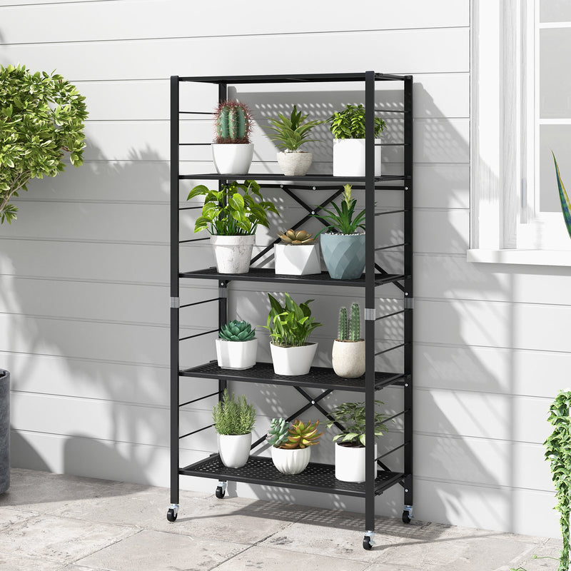 5-Tier Adjustable Shelves with Wheels for Garage Kitchen Balcony-Black