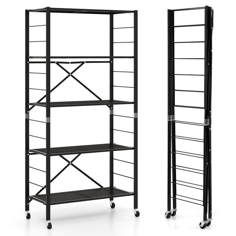 5-Tier Adjustable Shelves with Wheels for Garage Kitchen Balcony-Black