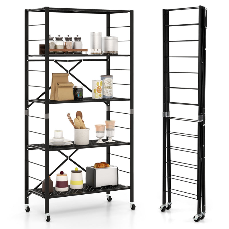 5-Tier Adjustable Shelves with Wheels for Garage Kitchen Balcony-Black