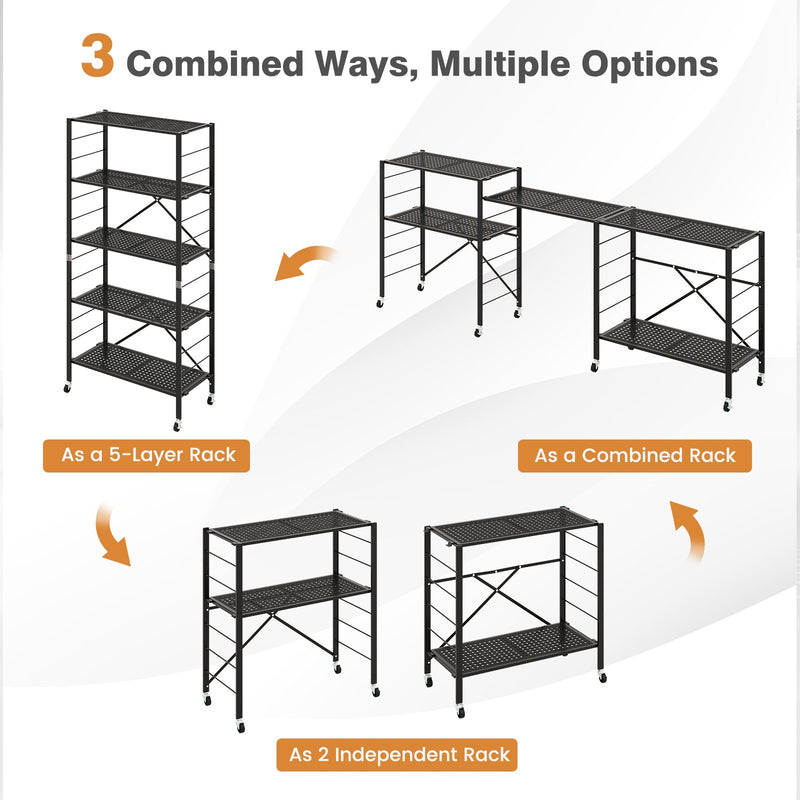 5-Tier Adjustable Shelves with Wheels for Garage Kitchen Balcony-Black