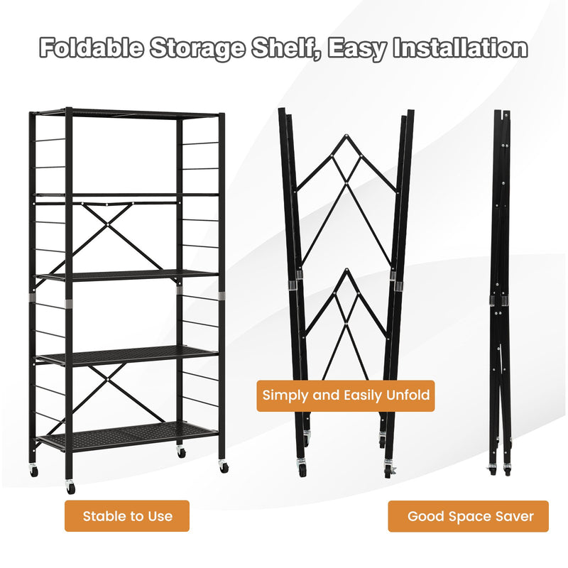 5-Tier Adjustable Shelves with Wheels for Garage Kitchen Balcony-Black