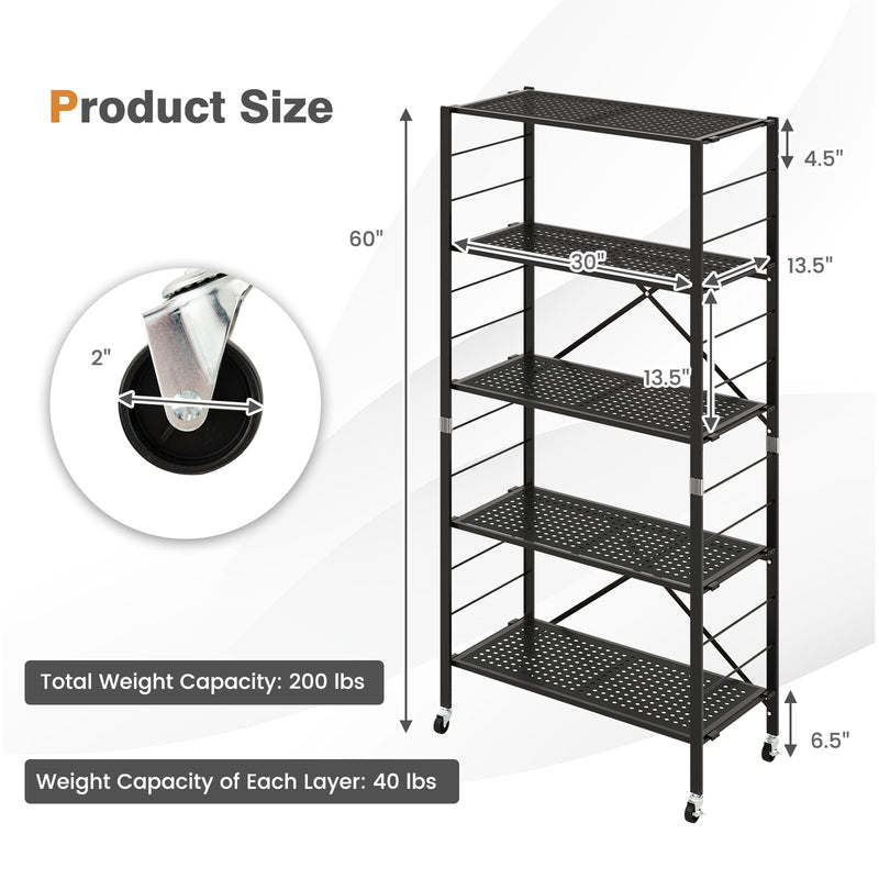 5-Tier Adjustable Shelves with Wheels for Garage Kitchen Balcony-Black