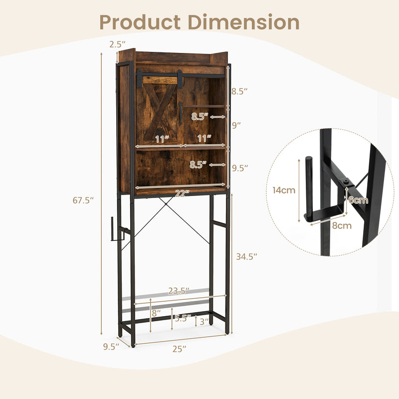 4-Tier Multifunctional Toilet Sorage Cabinet with Adjustable Shelf and Sliding Barn Door-Rustic Brown