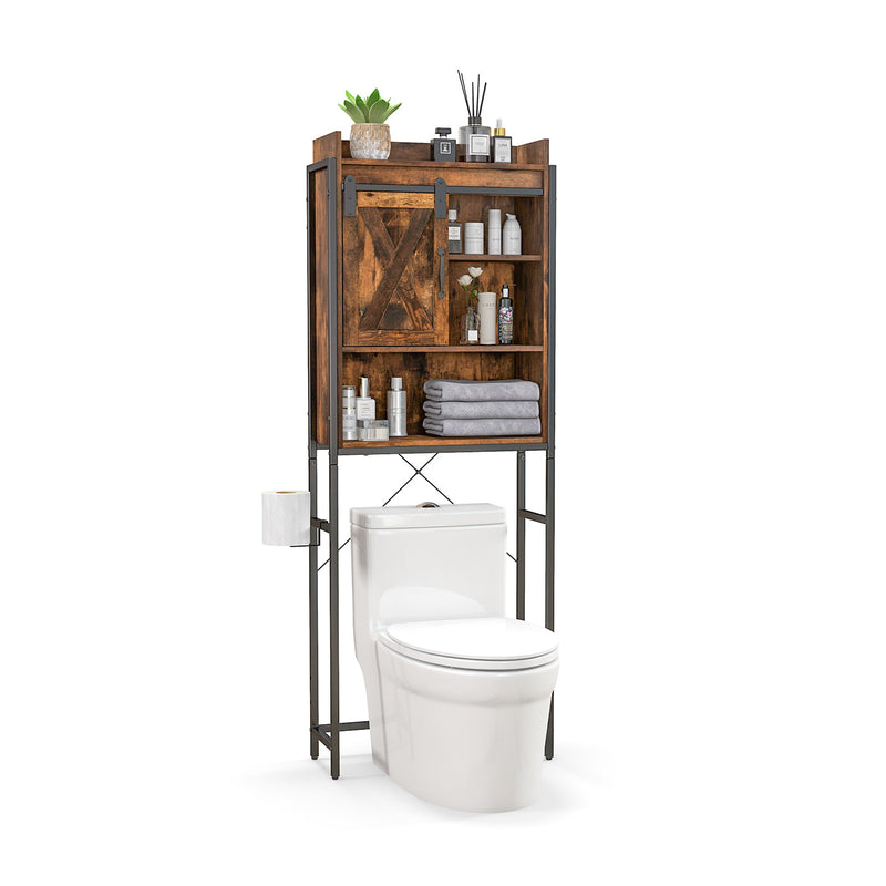 4-Tier Multifunctional Toilet Sorage Cabinet with Adjustable Shelf and Sliding Barn Door-Rustic Brown