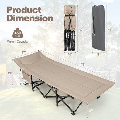 Folding Camping Cot with Carry Bag Cushion and Headrest-khaki