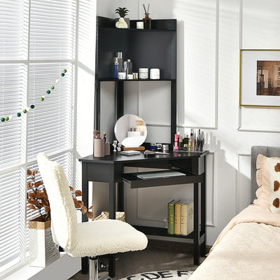 Corner Computer Desk with Hutch and Storage Shelves-Black