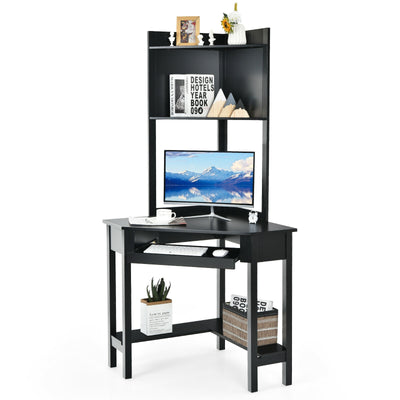 Corner Computer Desk with Hutch and Storage Shelves-Black