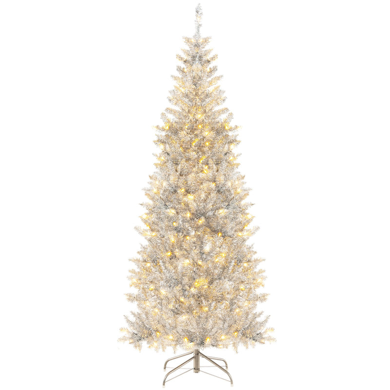 6/7 FT Pre-Lit Artificial Silver Tinsel Xmas Tree with 790 Branch Tips and 300 LED Lights-6 ft