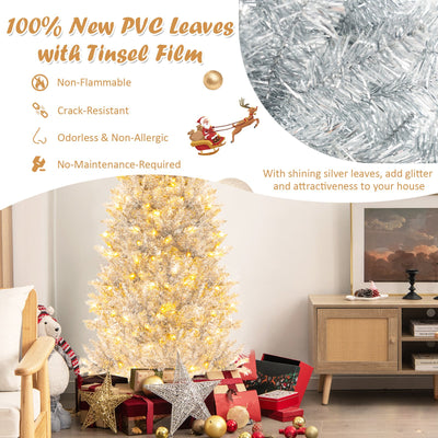 6/7 FT Pre-Lit Artificial Silver Tinsel Xmas Tree with 790 Branch Tips and 300 LED Lights-6 ft